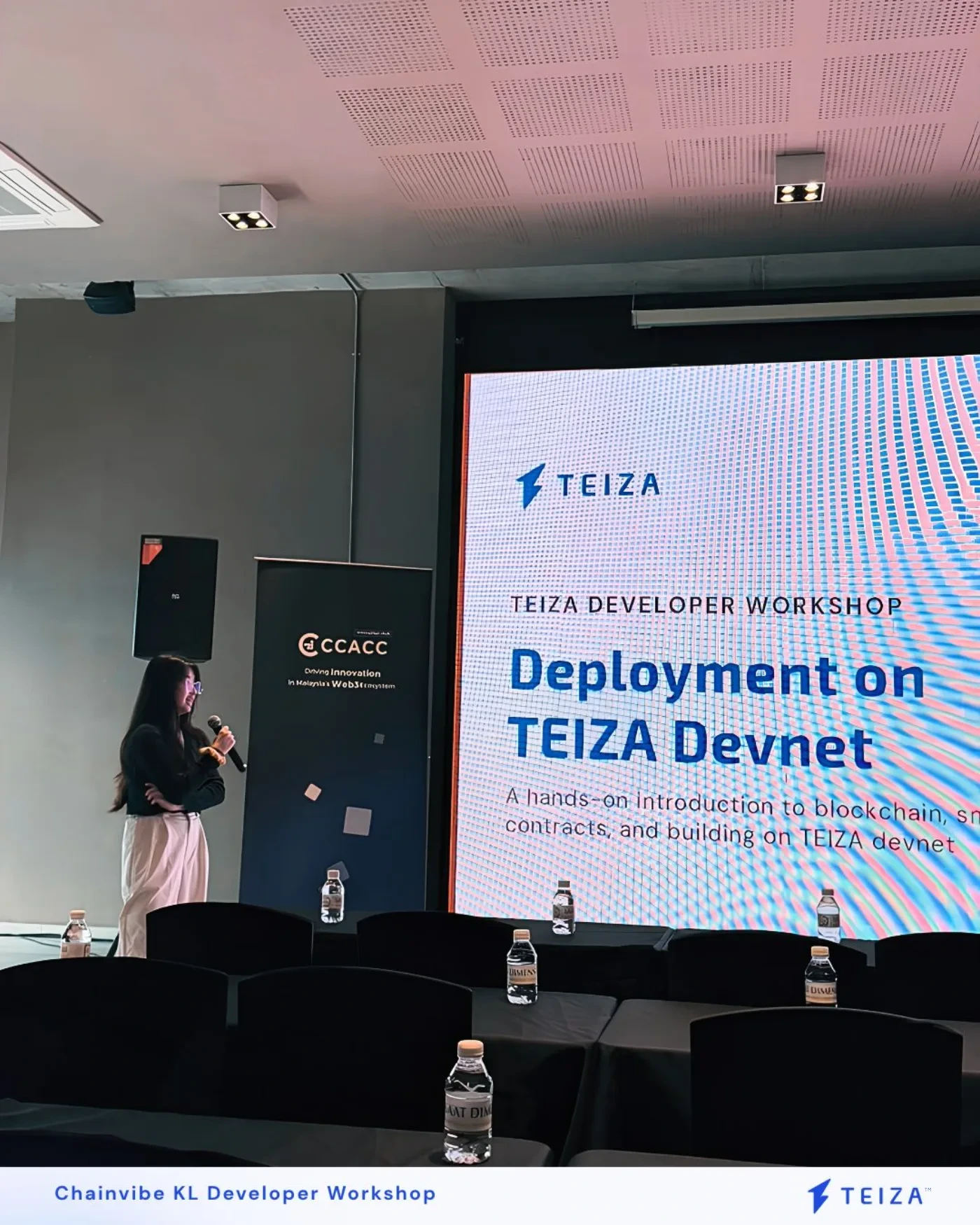 Lee Xin Rou presenting the TEIZA Developer Workshop at ChainVibe KL 2026